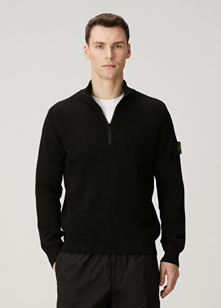 Regular Fit Siyah Yakası Fermuarlı Kazak