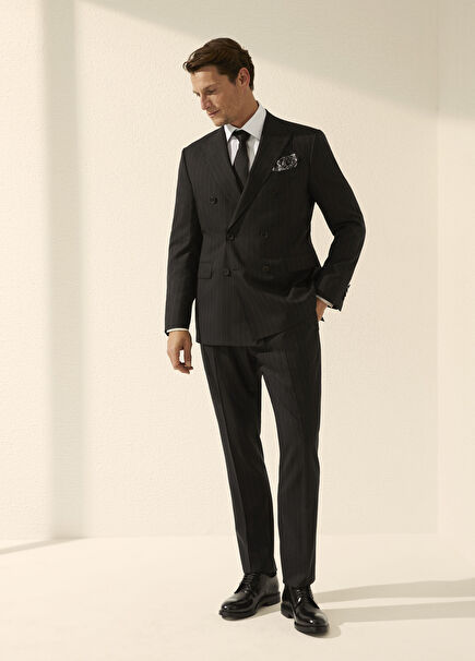 Black Striped Wool Double Breasted Suit