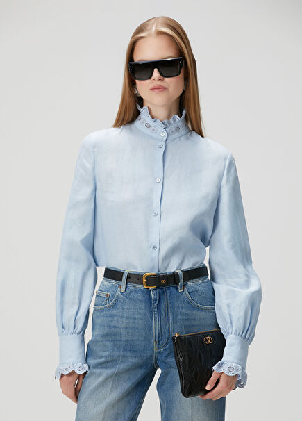 Blue Lace Detailed Maxi Linen Shirt