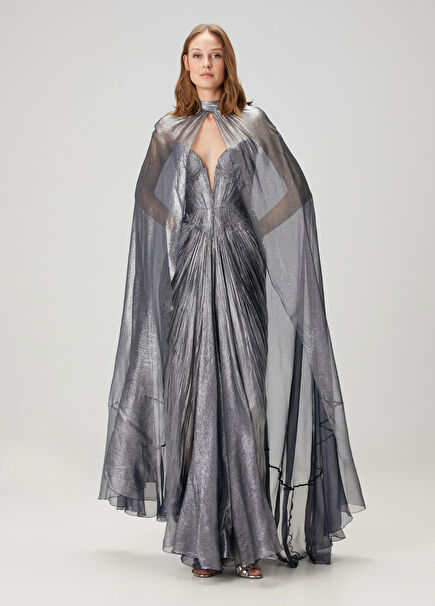 Celestina Metalik Gri İpek Pelerin