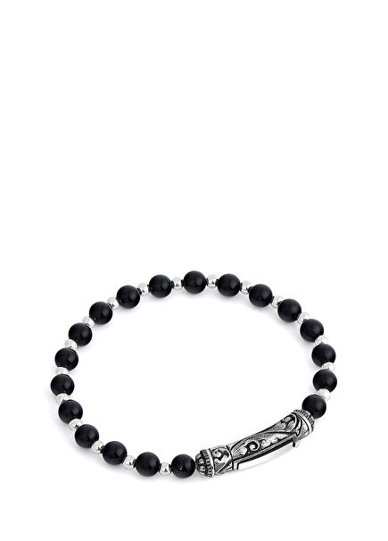 Single Lock M Engraved Black Mens Silver Bracelet
