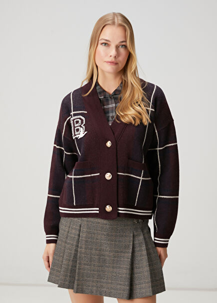 Burgundy Plaid Wool Cardigan