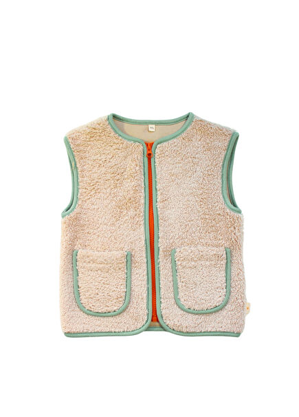 Slogan Bej Nakışlı Peluş Unisex Bebek Yelek 