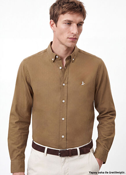 Comfort Fit Light Khaki Gabardine Textured Shirt