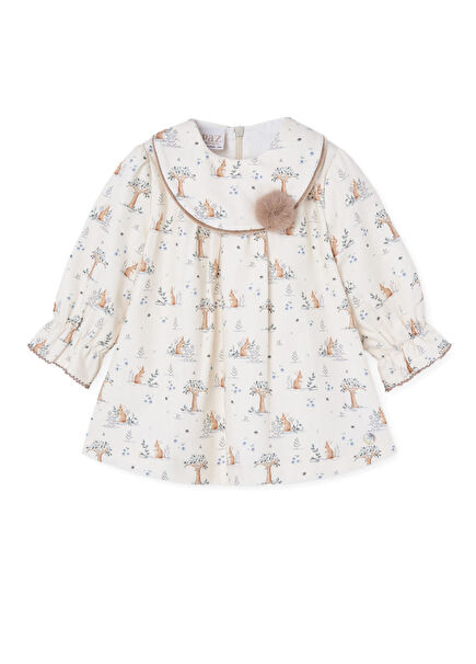 Krem Rengi Desenli Uzun Kollu Kız Bebek Elbise