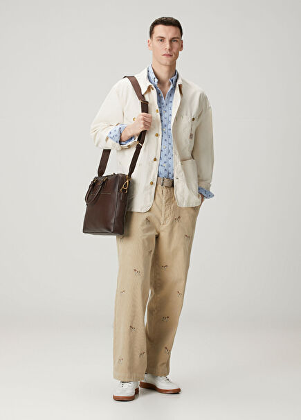 Beige Figure Embroidered Velvet Trousers