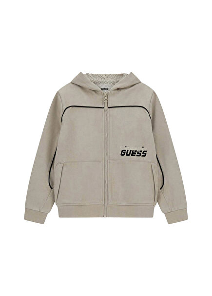 Printed Beige Hooded Zippered Boys' Tracksuit Top