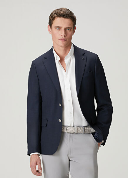 Navy Mini Honeycomb Textured Wool Woven Blazer