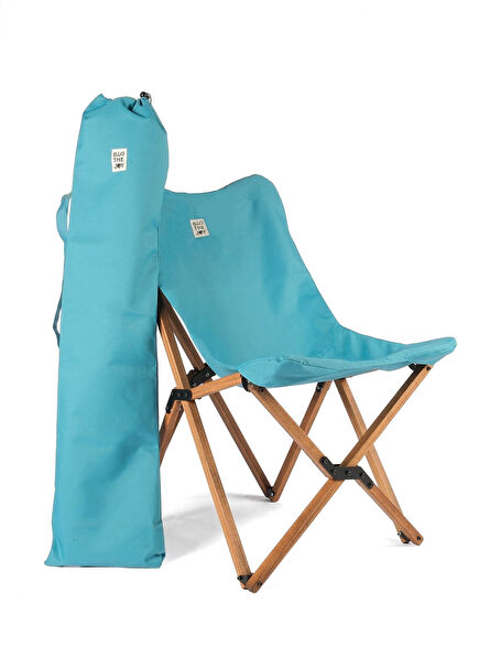 Wood Brown Frame Turquoise Cover Folding Camp and Garden Chair