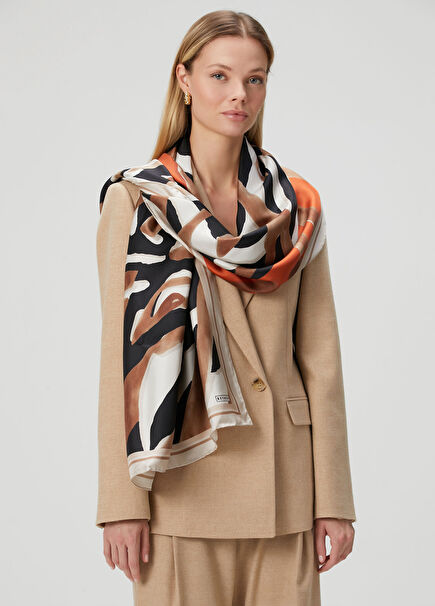 Beige Zebra Patterned Women's Silk Shawl
