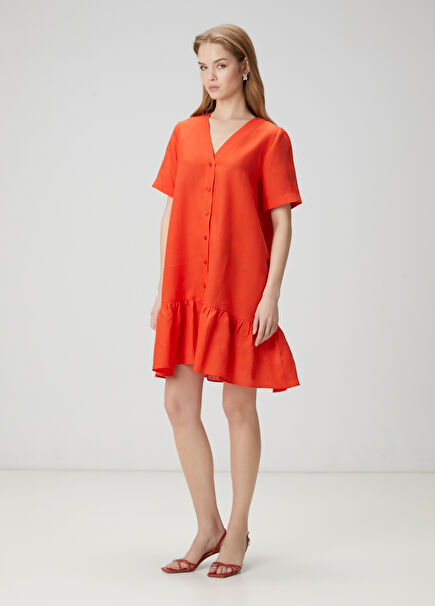 Red Mini Linen Shirt Dress