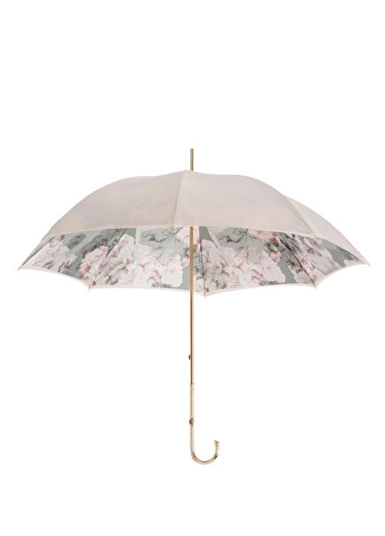 Fildişi Rengi Çiçek Motifli  Çift Katlı Pirinç Saplı Şemsiye