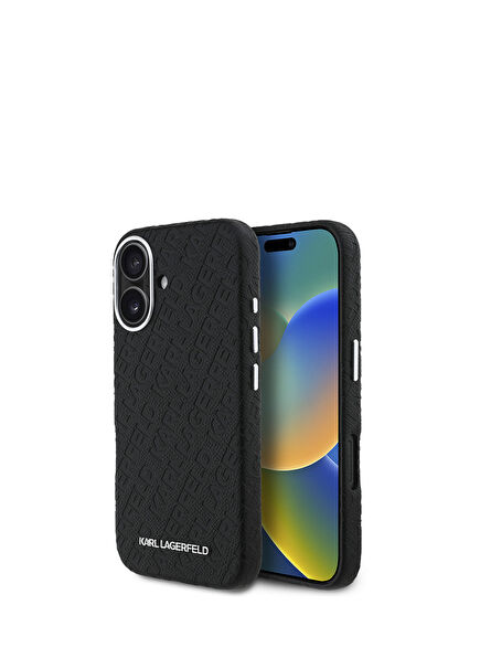 iPhone 16 Metal Yazı Logolu PU Deri Damgalı Telefon Kılıfı