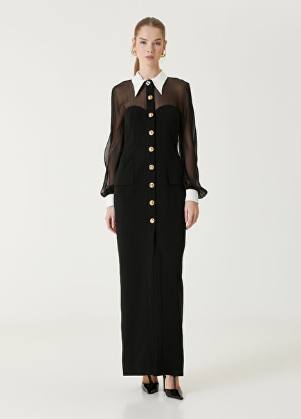 Black White Maxi Silk Evening Dress