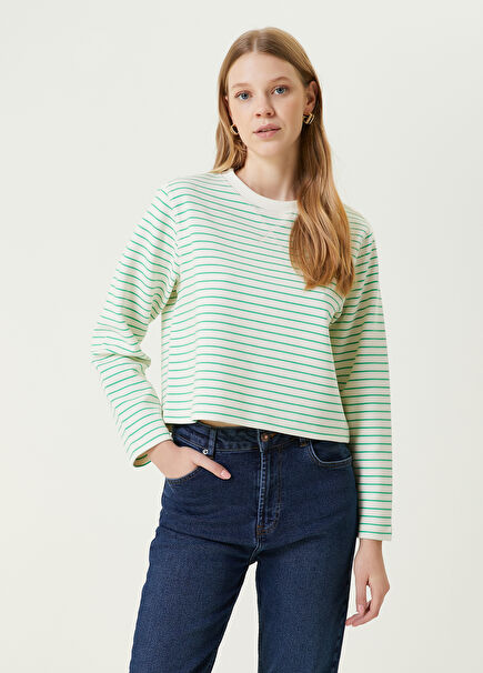Beyaz Yeşil Çizgi Desenli Sweatshirt