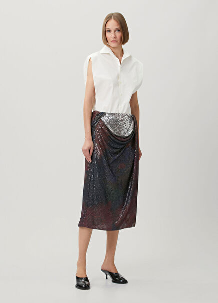 Brown Patterned Sequins Midi Evening Skirt
