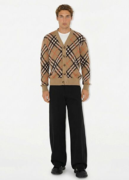 Check Bej Kareli Yün Karışımlı Erkek Hırka