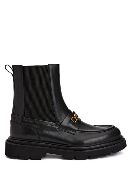 Siyah Logolu Zincirli Kadın Deri Bot