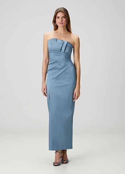 Mavi Straplez Maksi Abiye Elbise