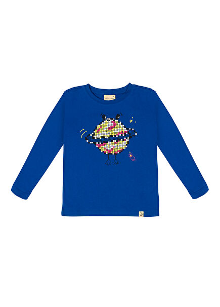 Dancing Planet Printed Blue Long Sleeve Boys' T-Shirt