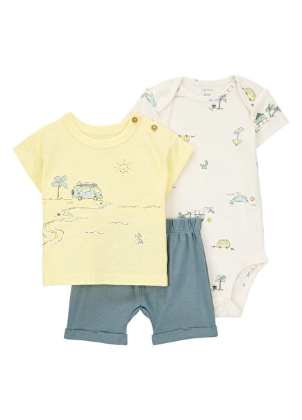 Layette Kısa Kollu T-shirt Body ve Şort Erkek Bebek 3'lü Set