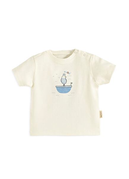 Sea Side Baskılı Ekru Pamuklu Kısa Kollu Unisex Bebek T-Shirt