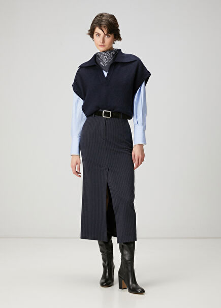 Lacivert Çizgili Midi Etek