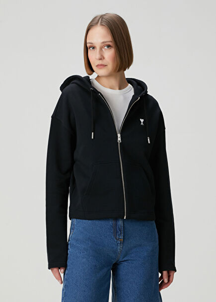 Siyah Kapüşonlu Fermuarlı Sweatshirt