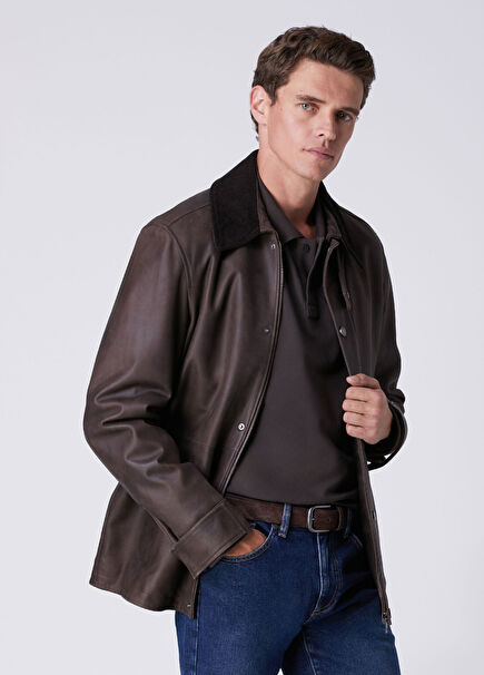 Brown Collar Velvet Insert Leather Jacket