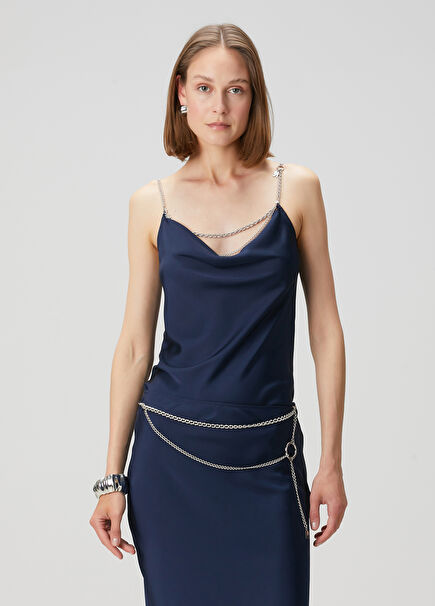Navy Blue Chain Detailed Evening Blouse