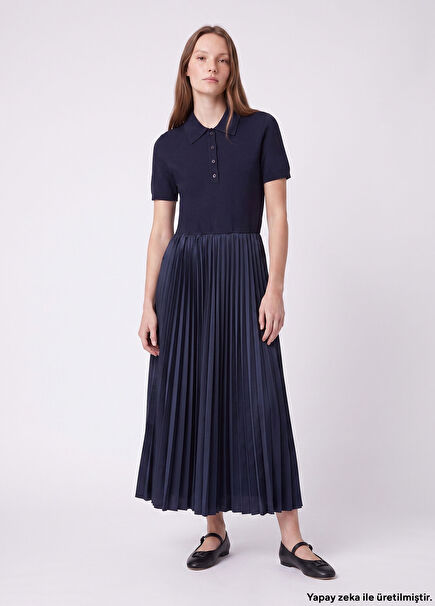 Navy Blue Pleated Polo sweater Dress