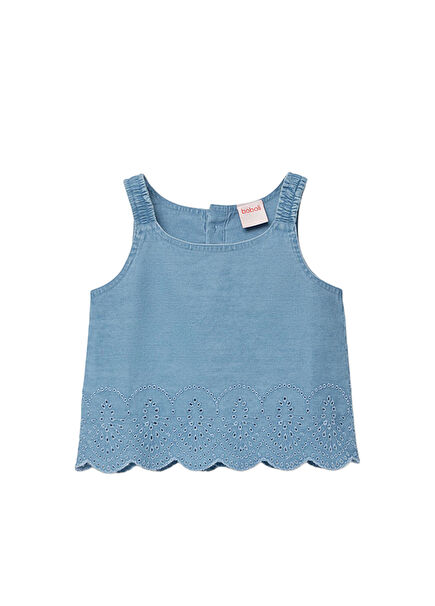 Blue Jacquard Denim Sleeveless Girl Blouse