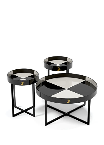 Siyah Beyaz Lake Damalı Üçlü Orta Sehpa Seti 