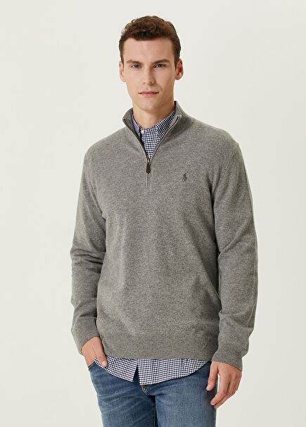 Açık Gri Yakası Fermuarlı Kazak