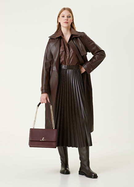 Bordo Pileli Midi Suni Deri Etek