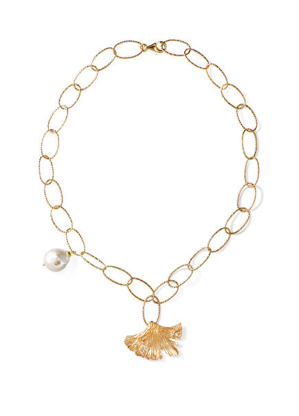 Gold Plated Women's Necklace Love Potionleaf & Pearl Necklace