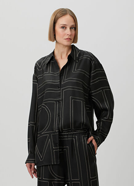 Siyah Monogram İpek Pijama Gömlek