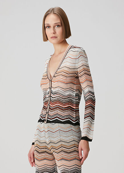 Kırmızı Bej Payetli Desenli Hırka