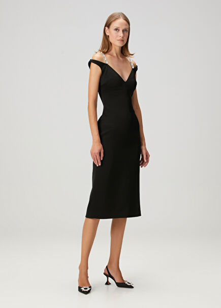 Siyah Taşlı Midi Kokteyl Elbise