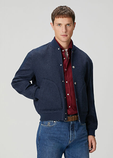 Lacivert Ekose Desenli Yün Mont