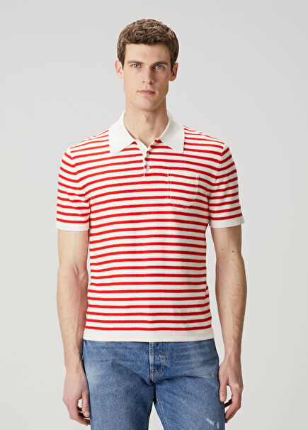 Kırmızı Ekru Çizgili Polo T-shirt