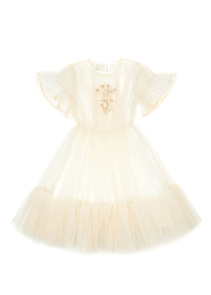Bej Nakışlı Kız Çocuk Tül Elbise