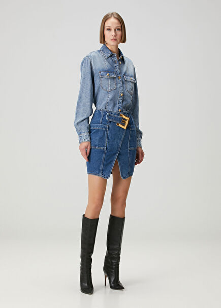 Mavi Kemerli Mini Denim Etek