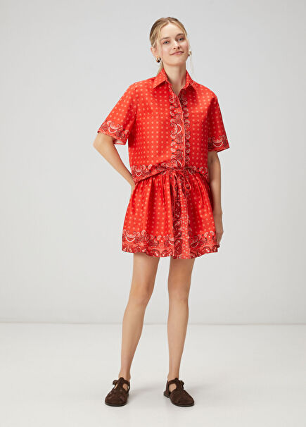 Kırmızı Şal Desenli Mini Etek