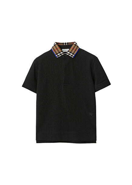 Check Siyah Pamuklu Polo Yaka Detaylı Kısa Kollu Unisex Çocuk T-Shirt