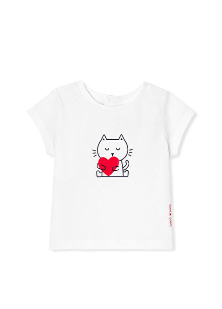 White Glossy Effect Printed Baby Girl T-Shirt