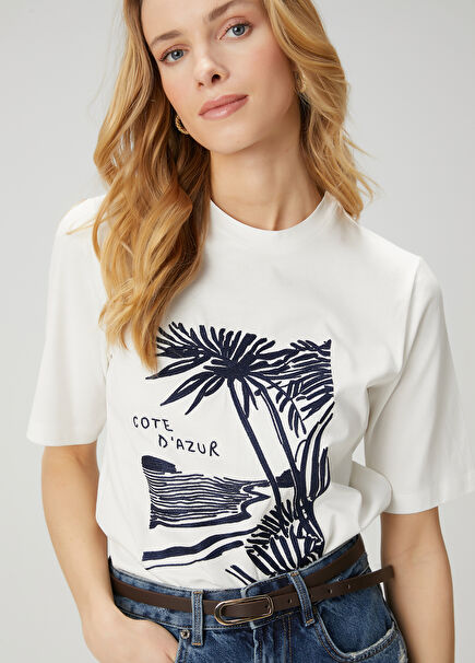 White Navy Blue Embroidered T-Shirt