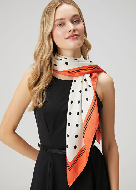 Ecru Orange Polka Dot Silk Scarf