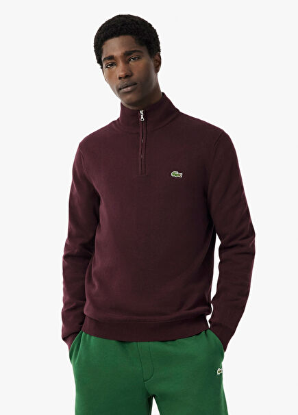 Bordo Pamuklu Yarım Fermuarlı Regular Fit Erkek Kazak