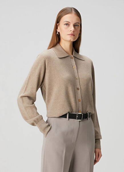 Lillia Taupe Cashmere Polo Cardigan